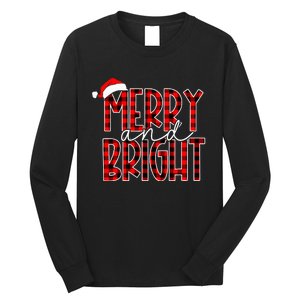 Merry and Bright Buffalo Plaid Red Santa Hat Christmas Xmas  Long Sleeve Shirt