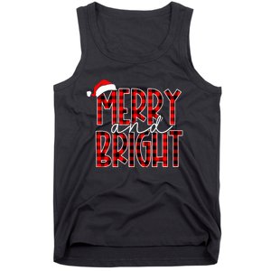 Merry and Bright Buffalo Plaid Red Santa Hat Christmas Xmas  Tank Top