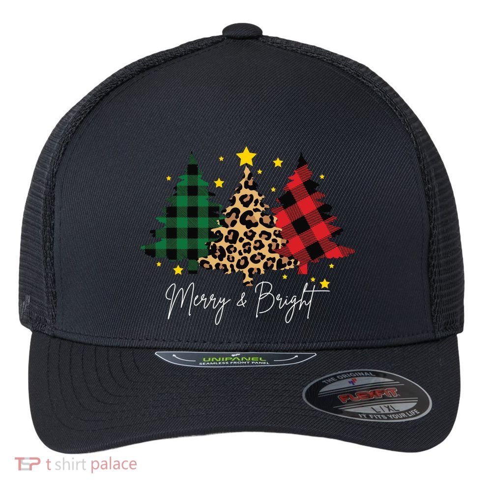 Merry And Bright Christmas Tree Festive Flexfit Unipanel Trucker Cap
