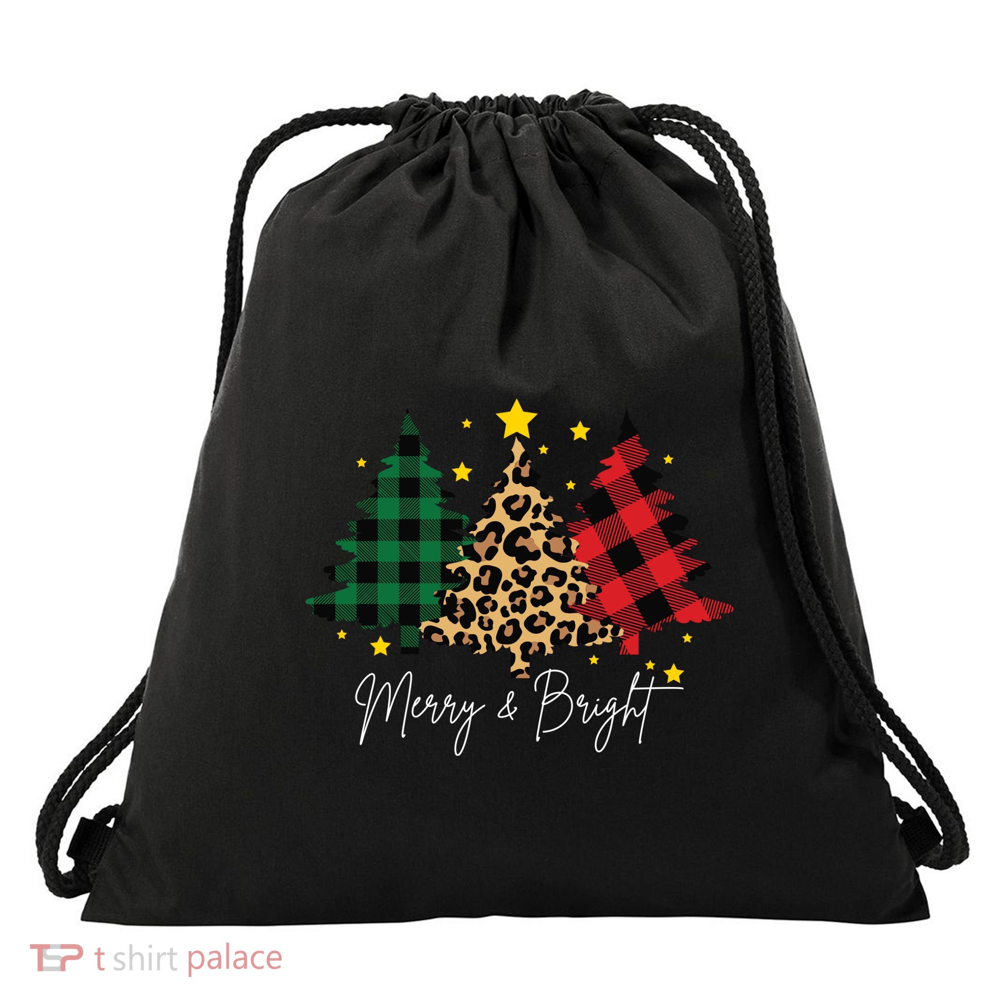 Merry And Bright Christmas Tree Festive Drawstring Bag