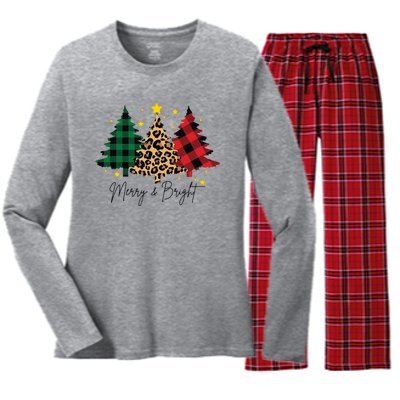 Merry And Bright Christmas Tree Festive Women's Long Sleeve Flannel Pajama Set 