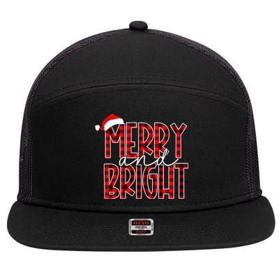 Merry And Bright Buffalo Plaid Red Santa Hat Christmas Xmas 7 Panel Mesh Trucker Snapback Hat