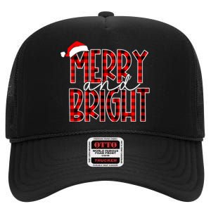 Merry And Bright Buffalo Plaid Red Santa Hat Christmas Xmas High Crown Mesh Back Trucker Hat