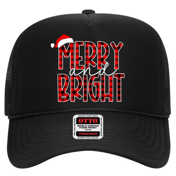 Merry And Bright Buffalo Plaid Red Santa Hat Christmas Xmas High Crown Mesh Back Trucker Hat