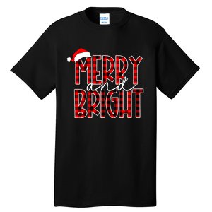 Merry And Bright Buffalo Plaid Red Santa Hat Christmas Xmas Tall T-Shirt