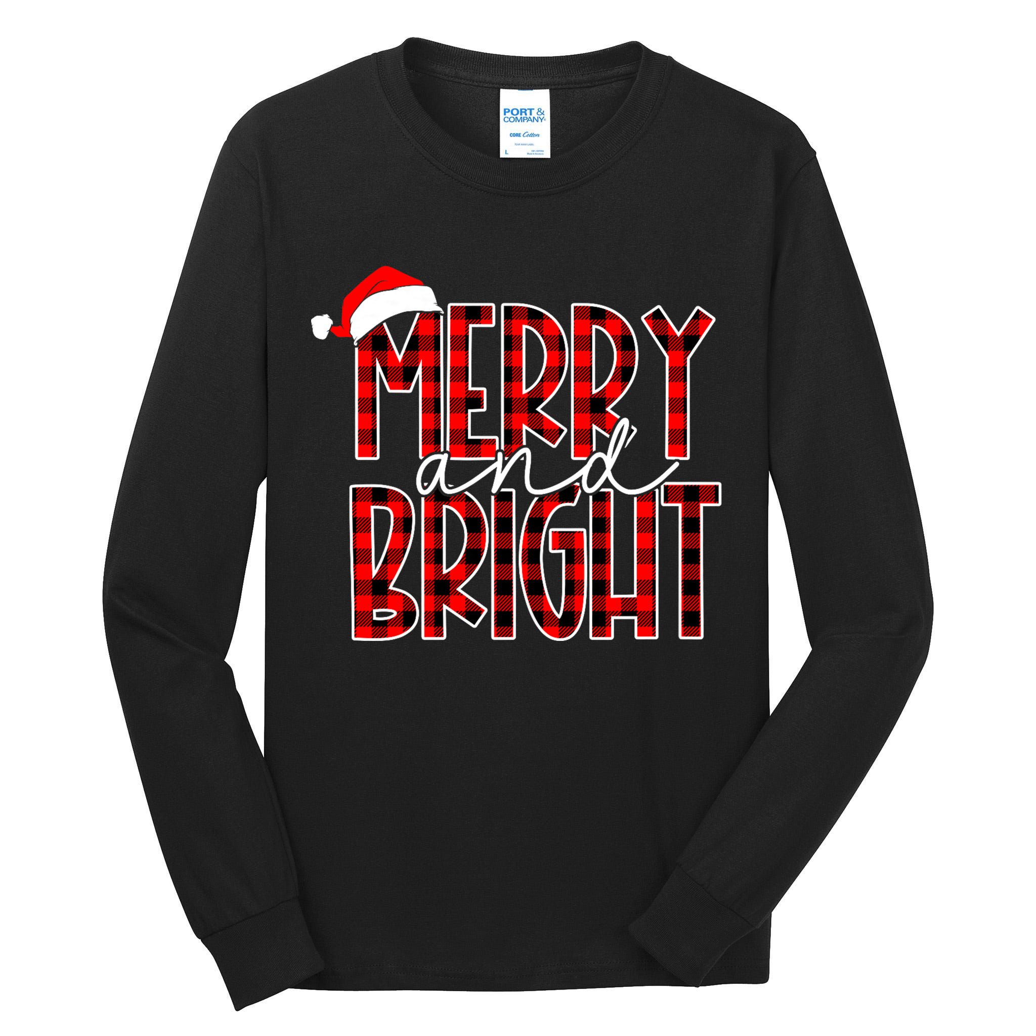 Merry And Bright Buffalo Plaid Red Santa Hat Christmas Xmas Tall Long Sleeve T-Shirt