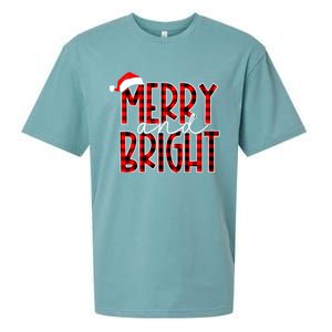 Merry And Bright Buffalo Plaid Red Santa Hat Christmas Xmas Sueded Cloud Jersey T-Shirt