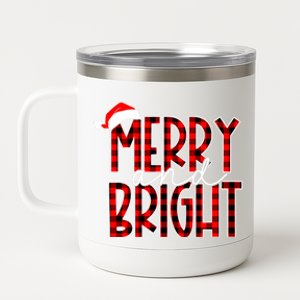 Merry And Bright Buffalo Plaid Red Santa Hat Christmas Xmas 12 oz Stainless Steel Tumbler Cup