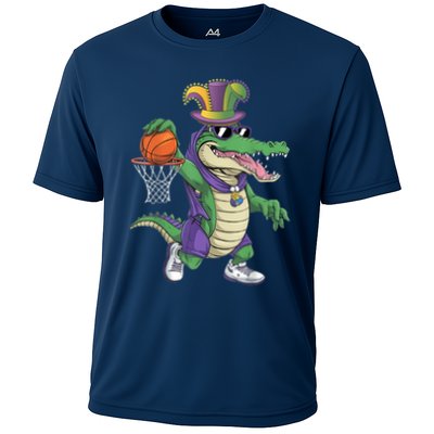 Mardigator Alligator Basketball Dunking Mardi Gras Boy Performance Shirt