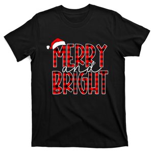 Merry and Bright Buffalo Plaid Red Santa Hat Christmas Xmas  T-Shirt