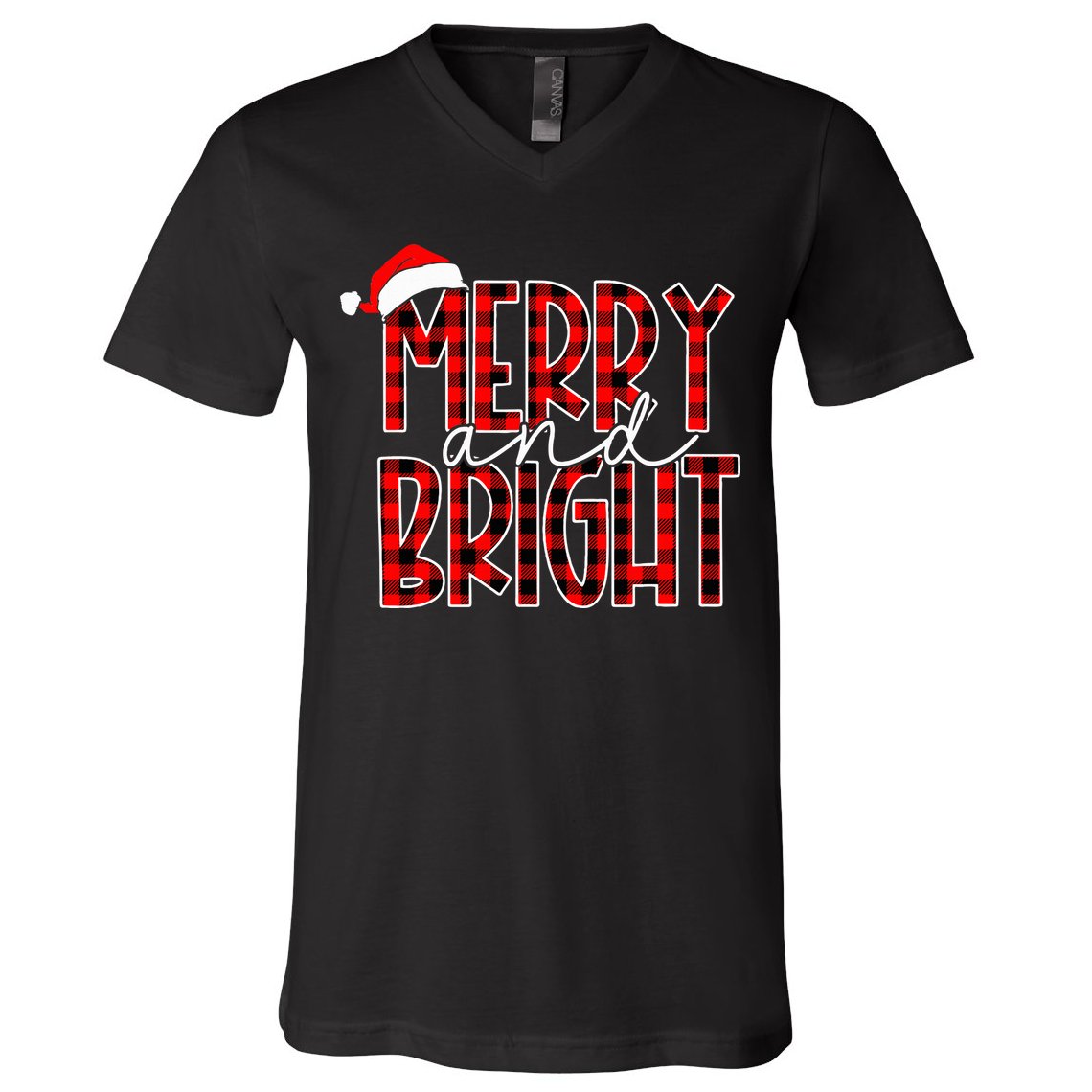 Merry and Bright Buffalo Plaid Red Santa Hat Christmas Xmas  V-Neck T-Shirt