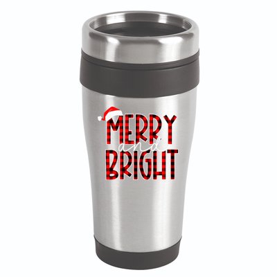 Merry and Bright Buffalo Plaid Red Santa Hat Christmas Xmas  16oz Travel Tumbler