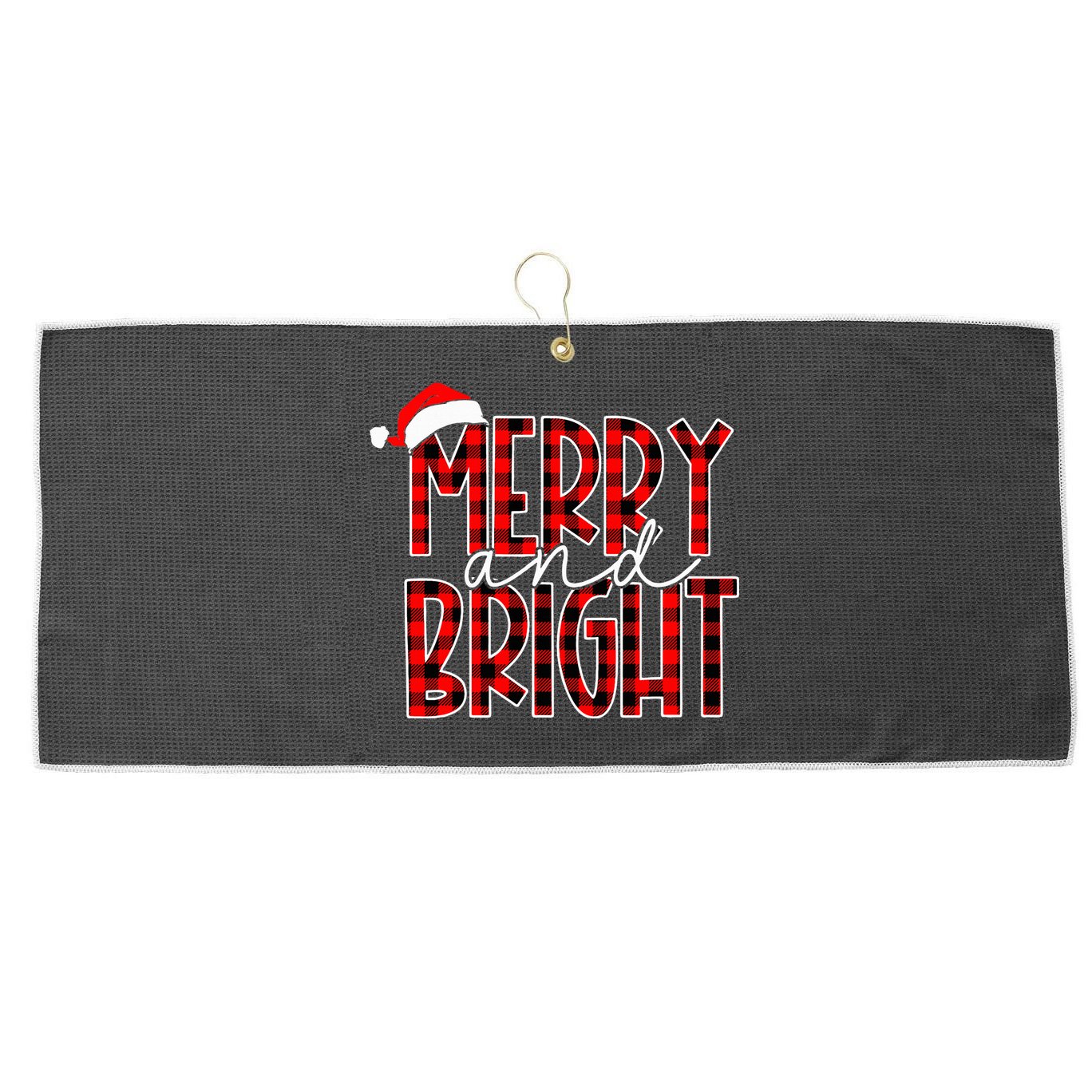 Merry and Bright Buffalo Plaid Red Santa Hat Christmas Xmas  Large Microfiber Waffle Golf Towel