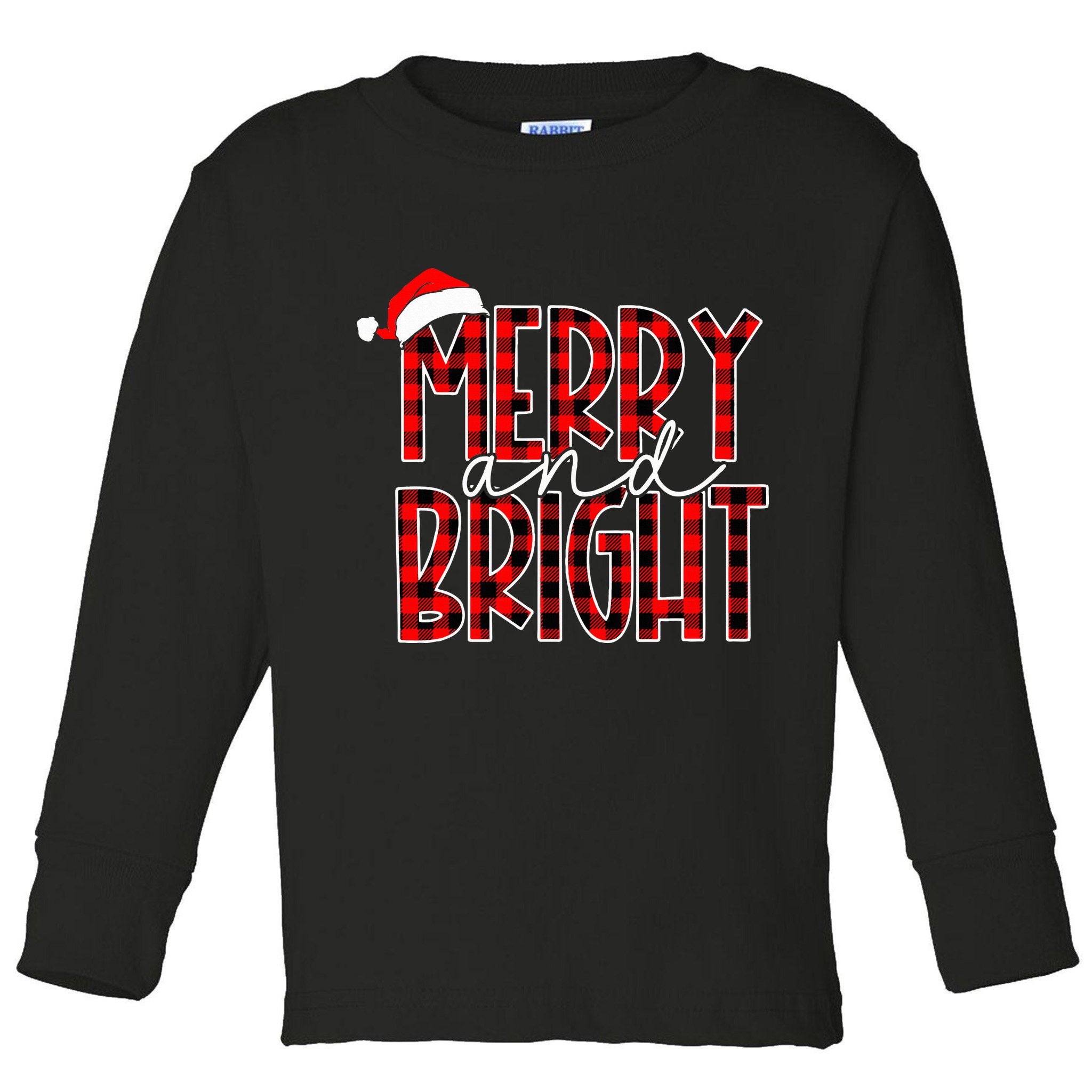Merry and Bright Buffalo Plaid Red Santa Hat Christmas Xmas  Toddler Long Sleeve Shirt
