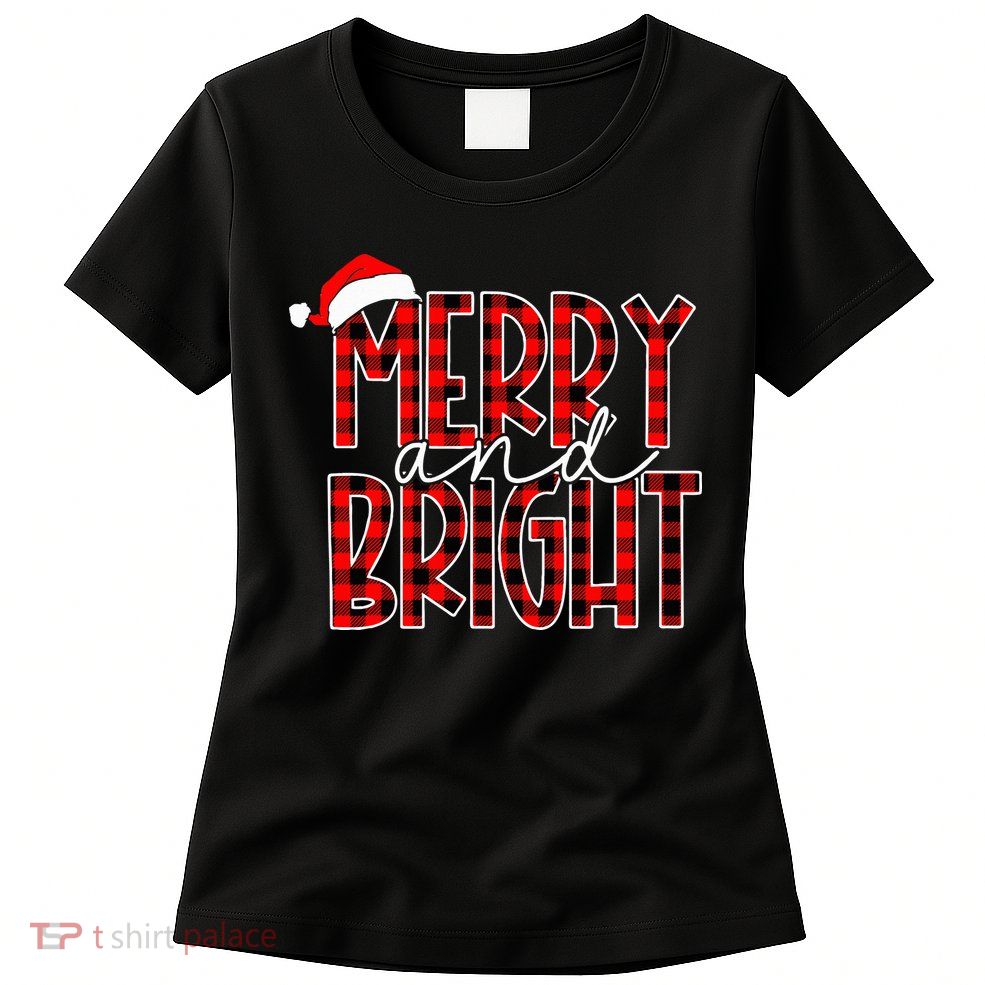 Merry and Bright Buffalo Plaid Red Santa Hat Christmas Xmas  Womens T-Shirt