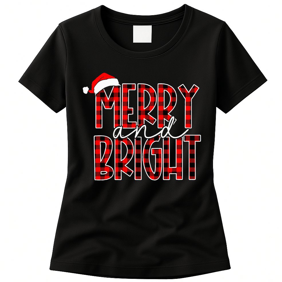 Merry and Bright Buffalo Plaid Red Santa Hat Christmas Xmas  Womens T-Shirt