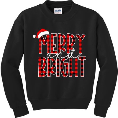 Merry and Bright Buffalo Plaid Red Santa Hat Christmas Xmas  Kids Sweatshirt