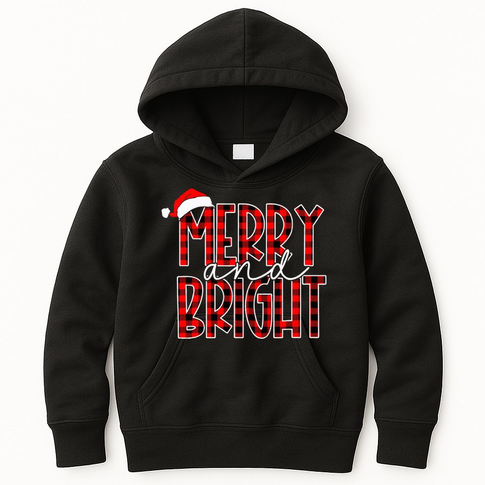 Merry and Bright Buffalo Plaid Red Santa Hat Christmas Xmas  Kids Hoodie