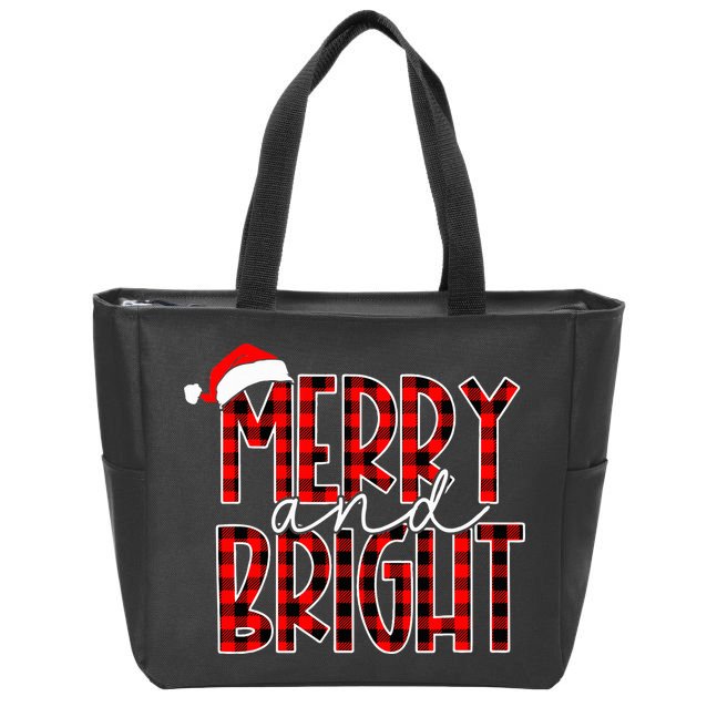 Merry and Bright Buffalo Plaid Red Santa Hat Christmas Xmas  Zip Tote Bag