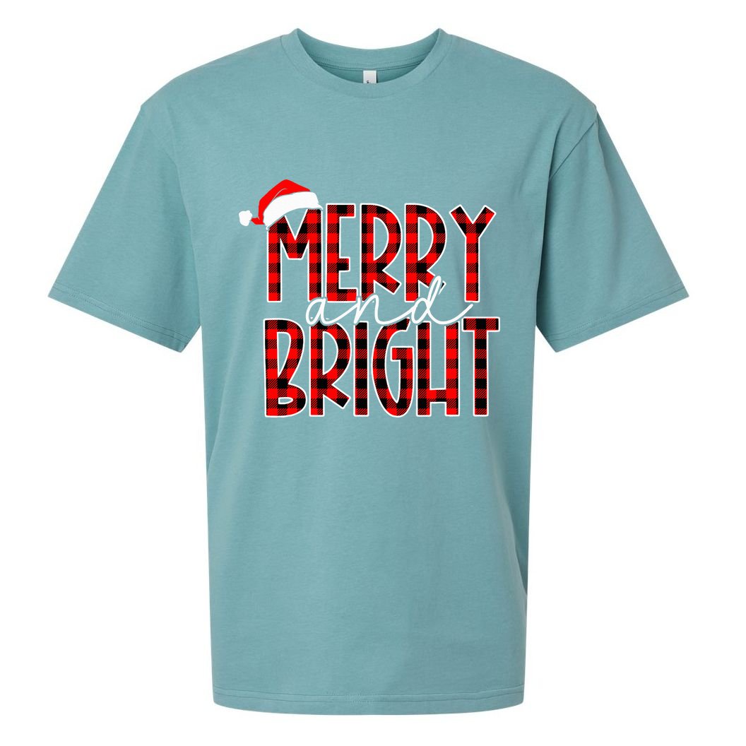 Merry and Bright Buffalo Plaid Red Santa Hat Christmas Xmas  Sueded Cloud Jersey T-Shirt