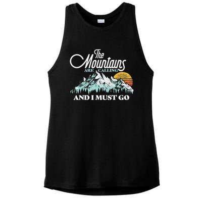 Mountains Are Calling & I Must Go Retro 80s Vibe Graphic TShirt Ladies PosiCharge Tri-Blend Wicking Tank