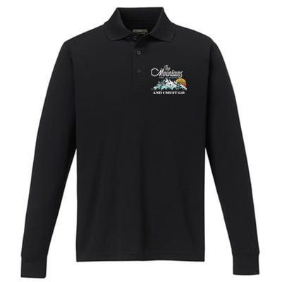 Mountains Are Calling & I Must Go Retro 80s Vibe Graphic TShirt Performance Long Sleeve Polo