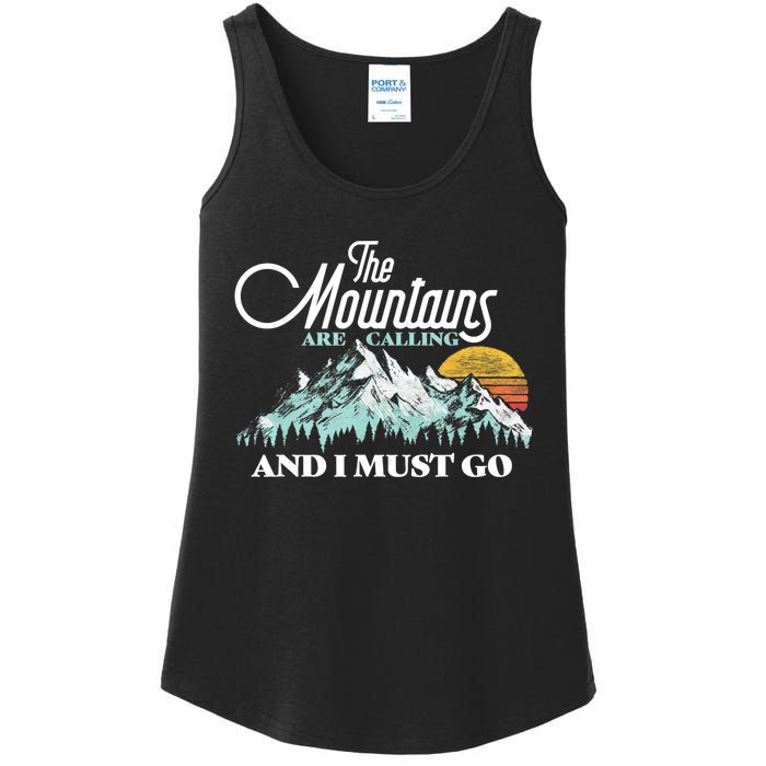 Mountains Are Calling & I Must Go Retro 80s Vibe Graphic TShirt Ladies Essential Tank