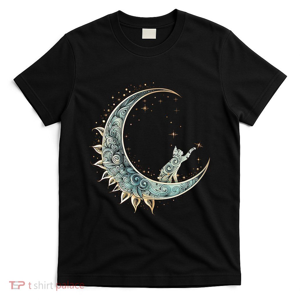 Mystical Aesthetic Cat Sitting On Crescent Moon Lunar Cat T-Shirt
