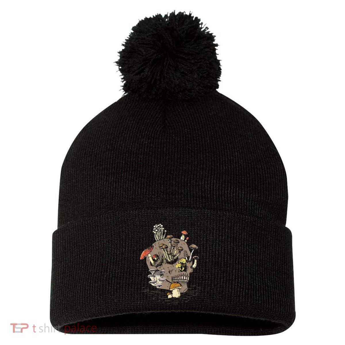 Mushroom Art Clothing Mushroom Collector Skull Graphic Pom Pom 12in Knit Beanie