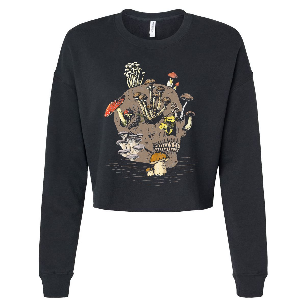 Mushroom Art Clothing Mushroom Collector Skull Graphic Cropped Pullover Crew