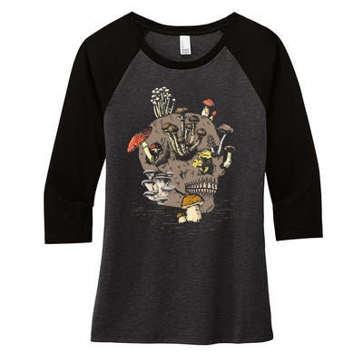 Mushroom Art Clothing Mushroom Collector Skull Graphic Women's Tri-Blend 3/4-Sleeve Raglan Shirt