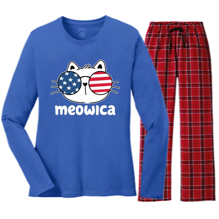 Meowica America Cat Cute Women's Long Sleeve Flannel Pajama Set 