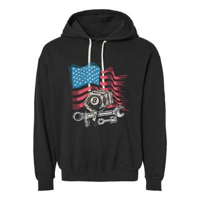 Mechanic Auto Car Repair American Flag Vintage Graphic Garment-Dyed Fleece Hoodie