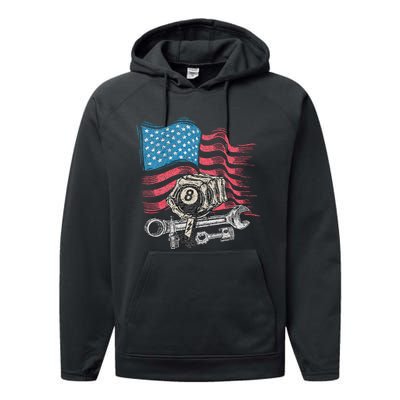 Mechanic Auto Car Repair American Flag Vintage Graphic Performance Fleece Hoodie