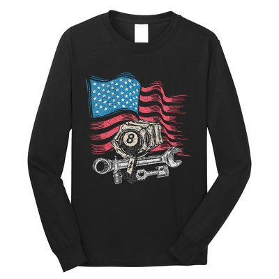 Mechanic Auto Car Repair American Flag Vintage Graphic Long Sleeve Shirt