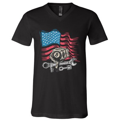 Mechanic Auto Car Repair American Flag Vintage Graphic V-Neck T-Shirt