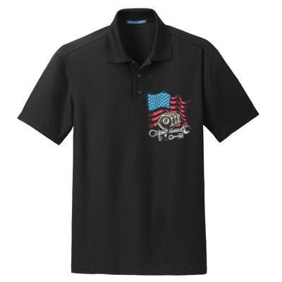 Mechanic Auto Car Repair American Flag Vintage Graphic Dry Zone Grid Polo