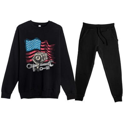 Mechanic Auto Car Repair American Flag Vintage Graphic Premium Crewneck Sweatsuit Set