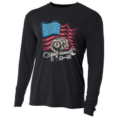 Mechanic Auto Car Repair American Flag Vintage Graphic Cooling Performance Long Sleeve Crew