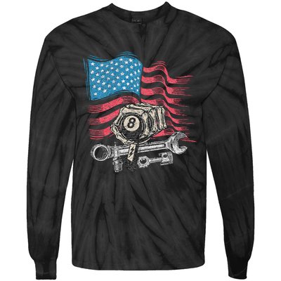 Mechanic Auto Car Repair American Flag Vintage Graphic Tie-Dye Long Sleeve Shirt