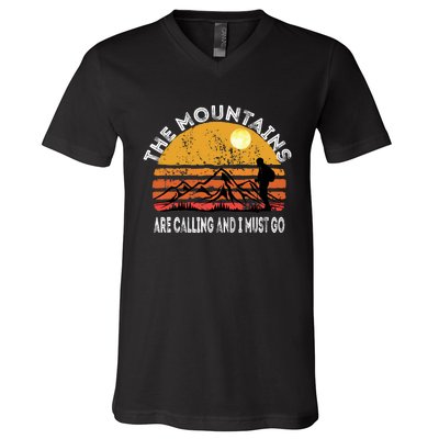 Mountains Are Calling I Must Go Retro Vintage Lovers Hiking V-Neck T-Shirt