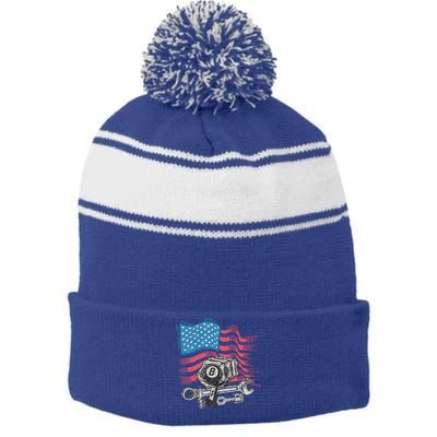 Mechanic Auto Car Repair American Flag Stripe Pom Pom Beanie