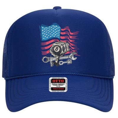 Mechanic Auto Car Repair American Flag High Crown Mesh Back Trucker Hat