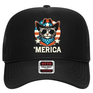 Merica American Cat Sunglasses Patriotic 4th Of July High Crown Mesh Back Trucker Hat