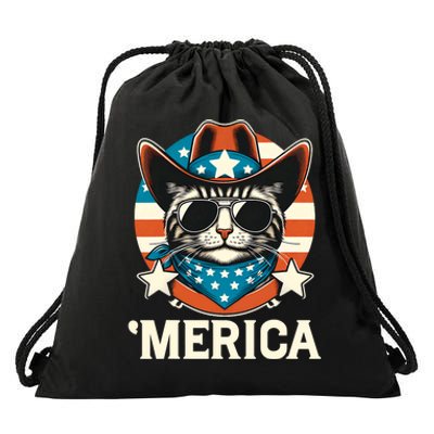 Merica American Cat Sunglasses Patriotic 4th Of July Drawstring Bag