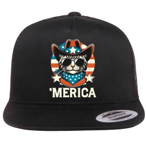 Merica American Cat Sunglasses Patriotic 4th Of July Flat Bill Trucker Hat