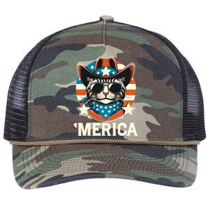 Merica American Cat Sunglasses Patriotic 4th Of July Retro Rope Trucker Hat Cap