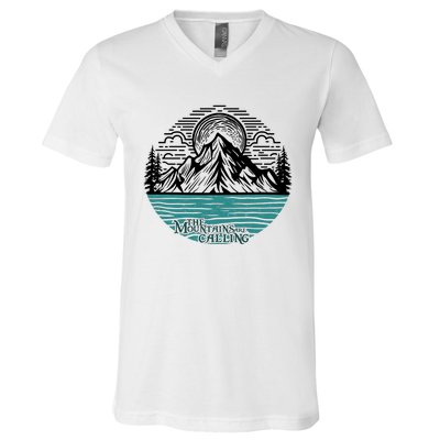 Mountains Are Calling Outdoor Adventure Graphic V-Neck T-Shirt