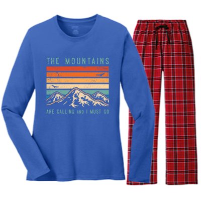 Mountains Are Calling And I Must Go Retro Vintage 80s Mountain Gift Women's Long Sleeve Flannel Pajama Set 