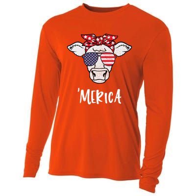 Merica American Cow American Flag Retro Vintage Patriotic Gift Cooling Performance Long Sleeve Crew